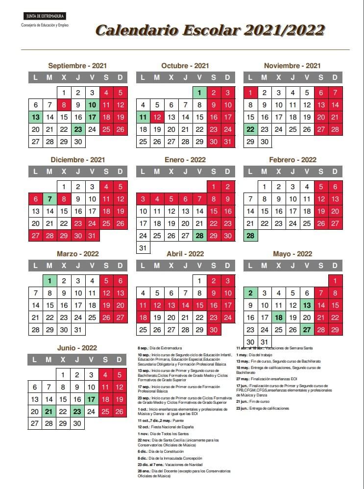 calendario escolar extremadura 2021 2022